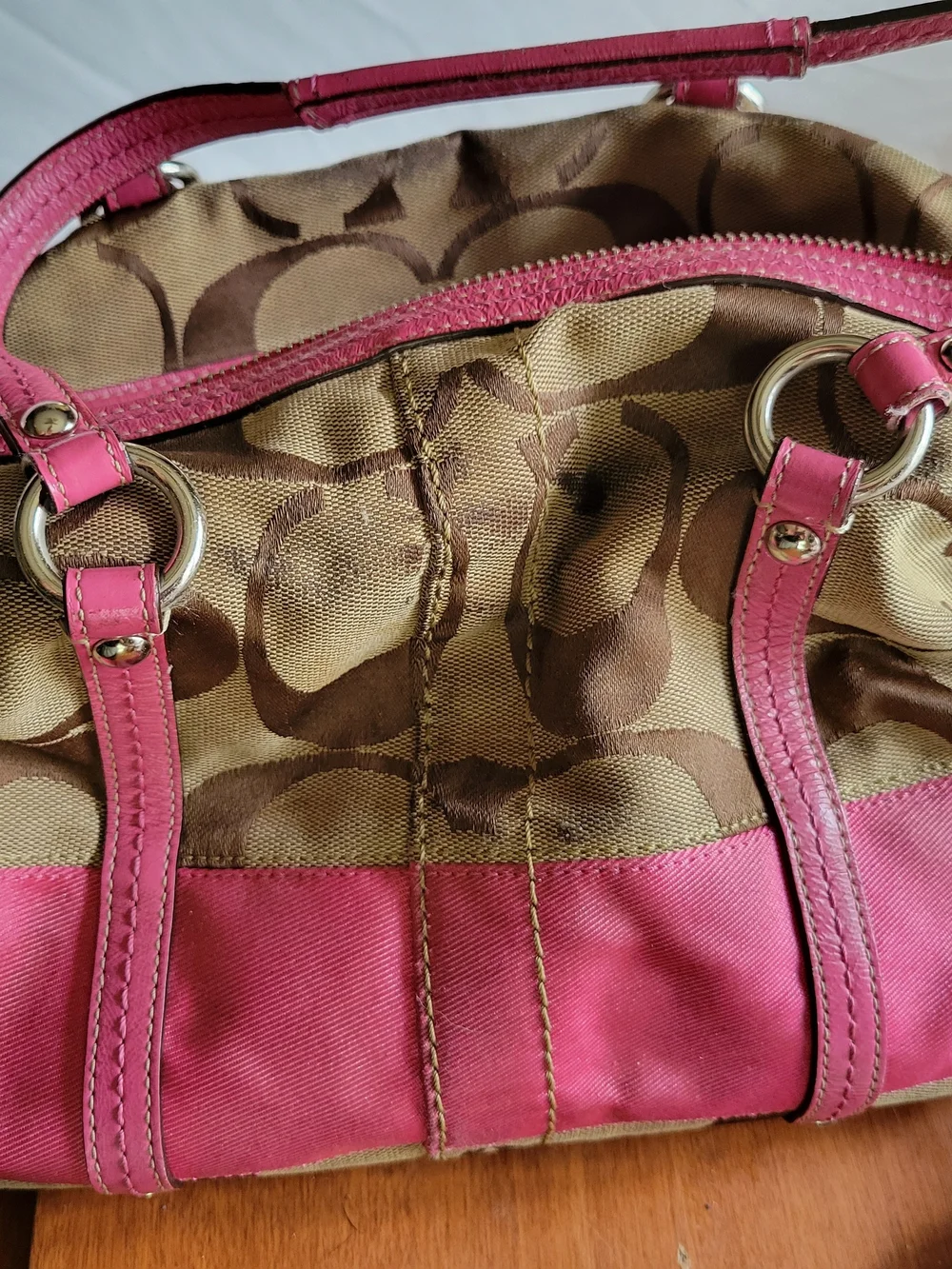 Coach Brown Logo Satchel with Pink Leather Trim